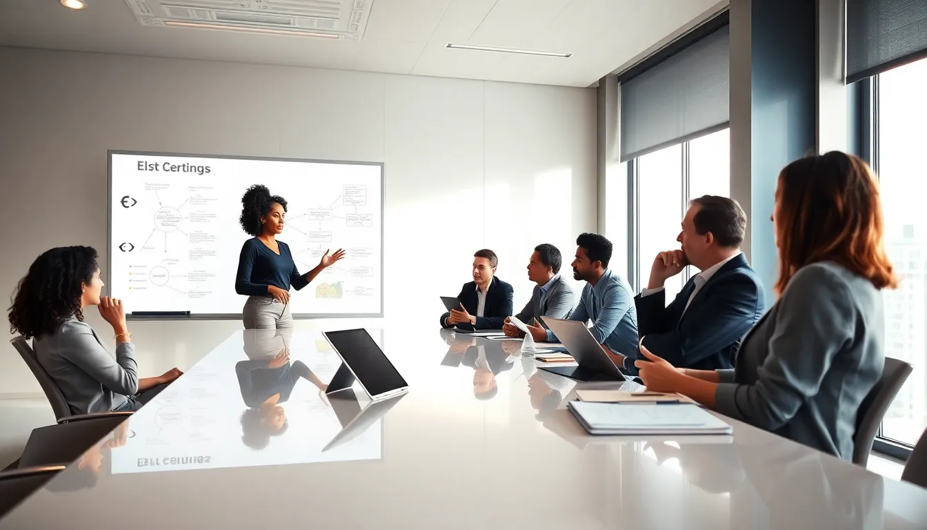 diverse professionals discussing the concept of θναλομε in a modern office.